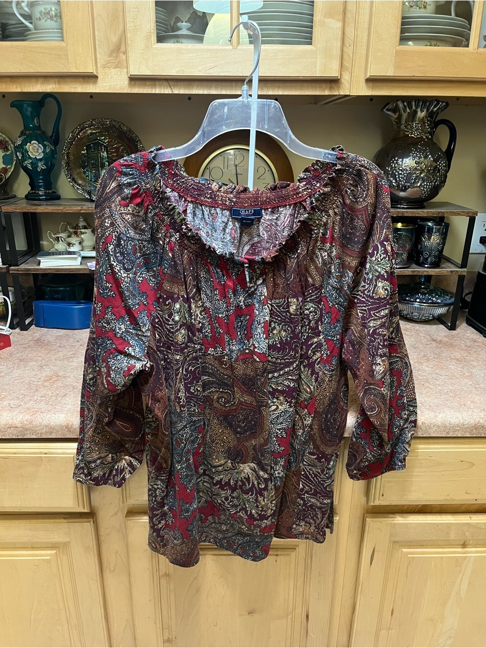 Chaps Burgundy Paisley Ruffle-Neck Blouse